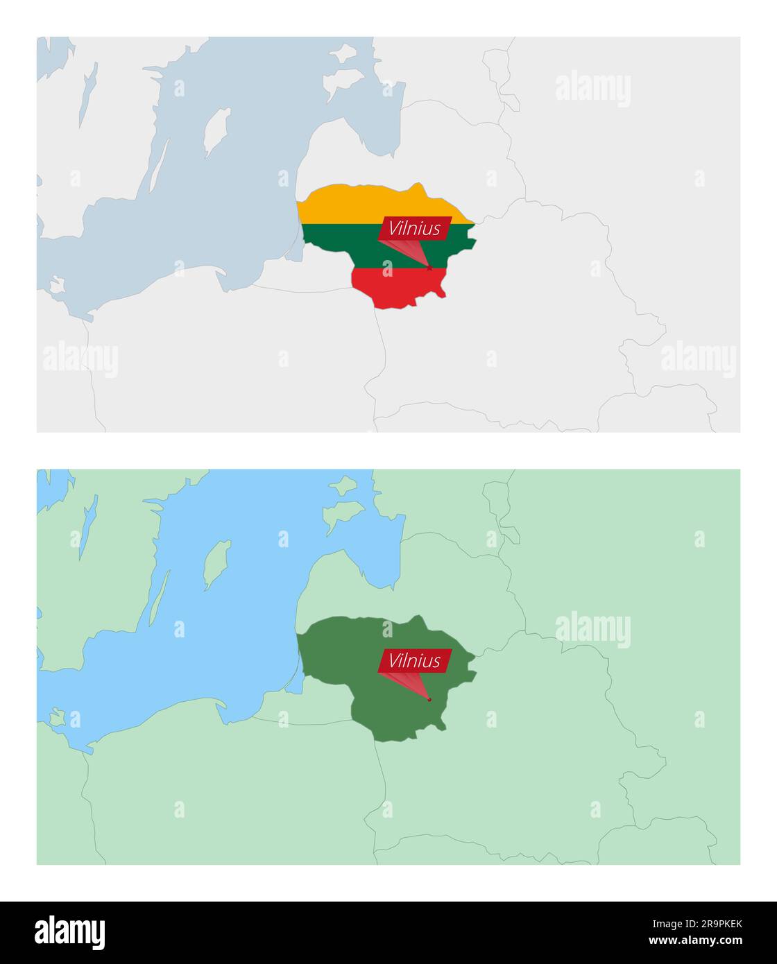 Mappa della Lituania con pin della capitale del paese. Due tipi di mappa della Lituania con i paesi vicini. Modello vettoriale. Illustrazione Vettoriale