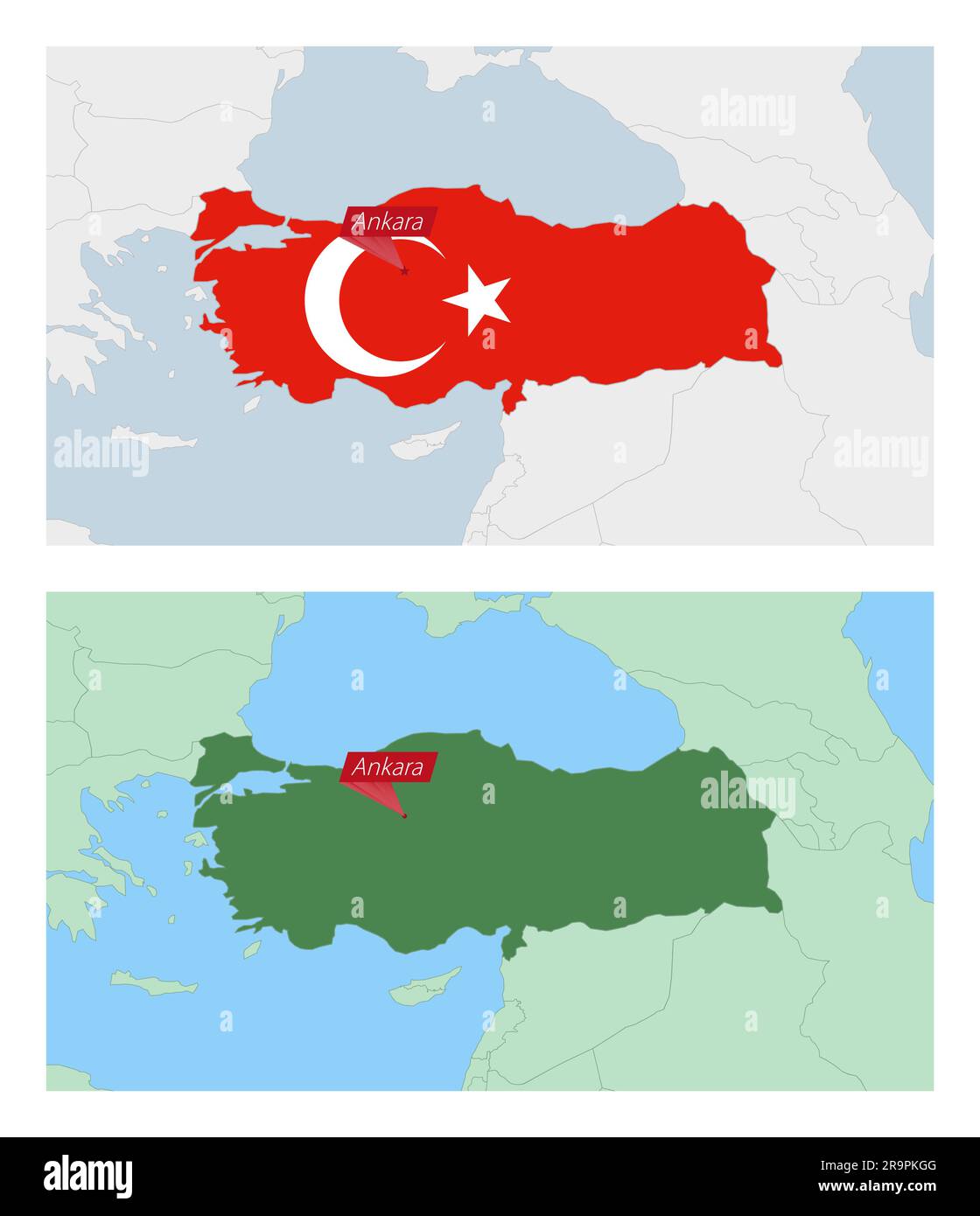 Mappa della Turchia con pin della capitale del paese. Due tipi di mappa