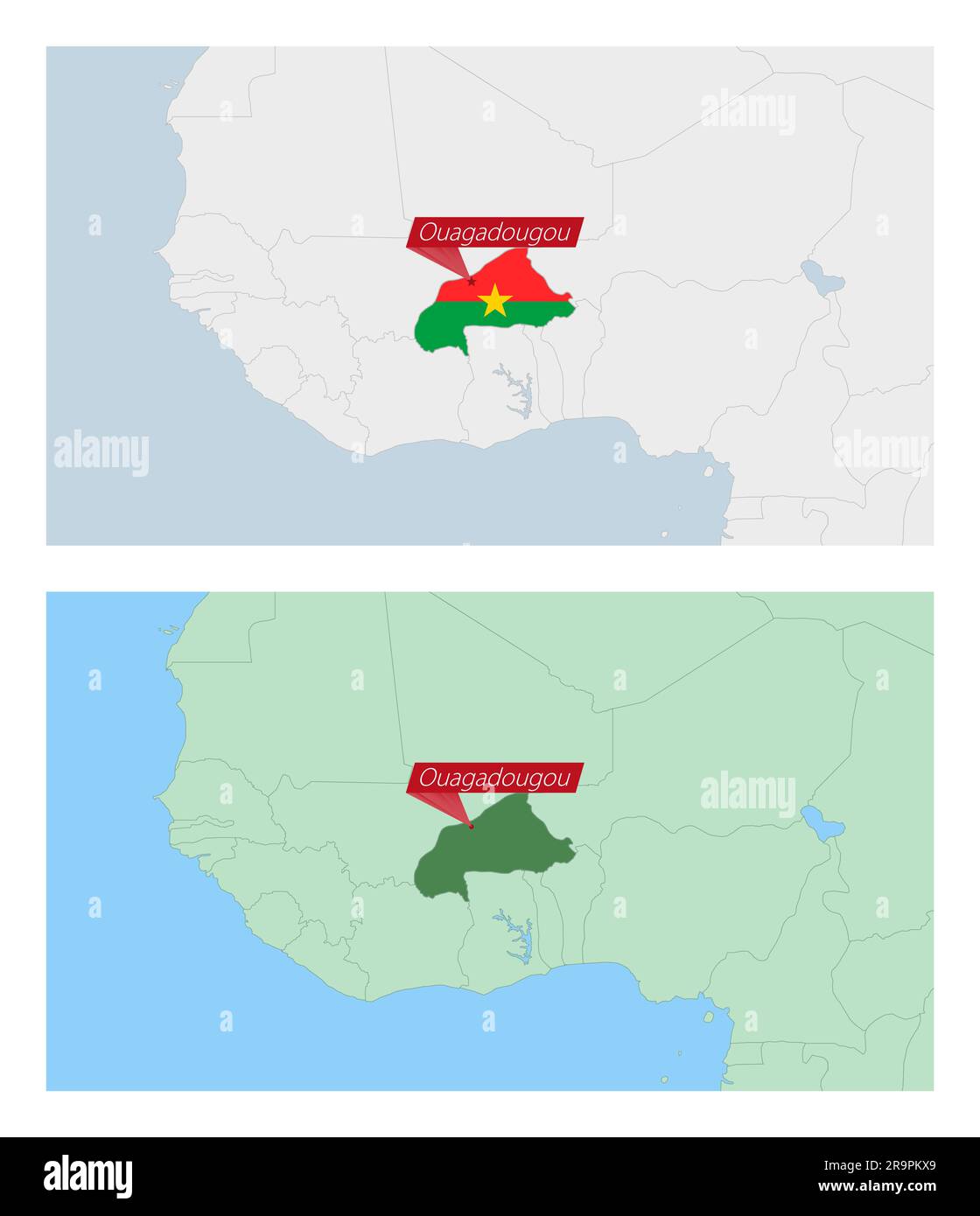 Burkina Faso mappa con spillo della capitale del paese. Due tipi di mappa Burkina Faso con i paesi vicini. Modello vettoriale. Illustrazione Vettoriale