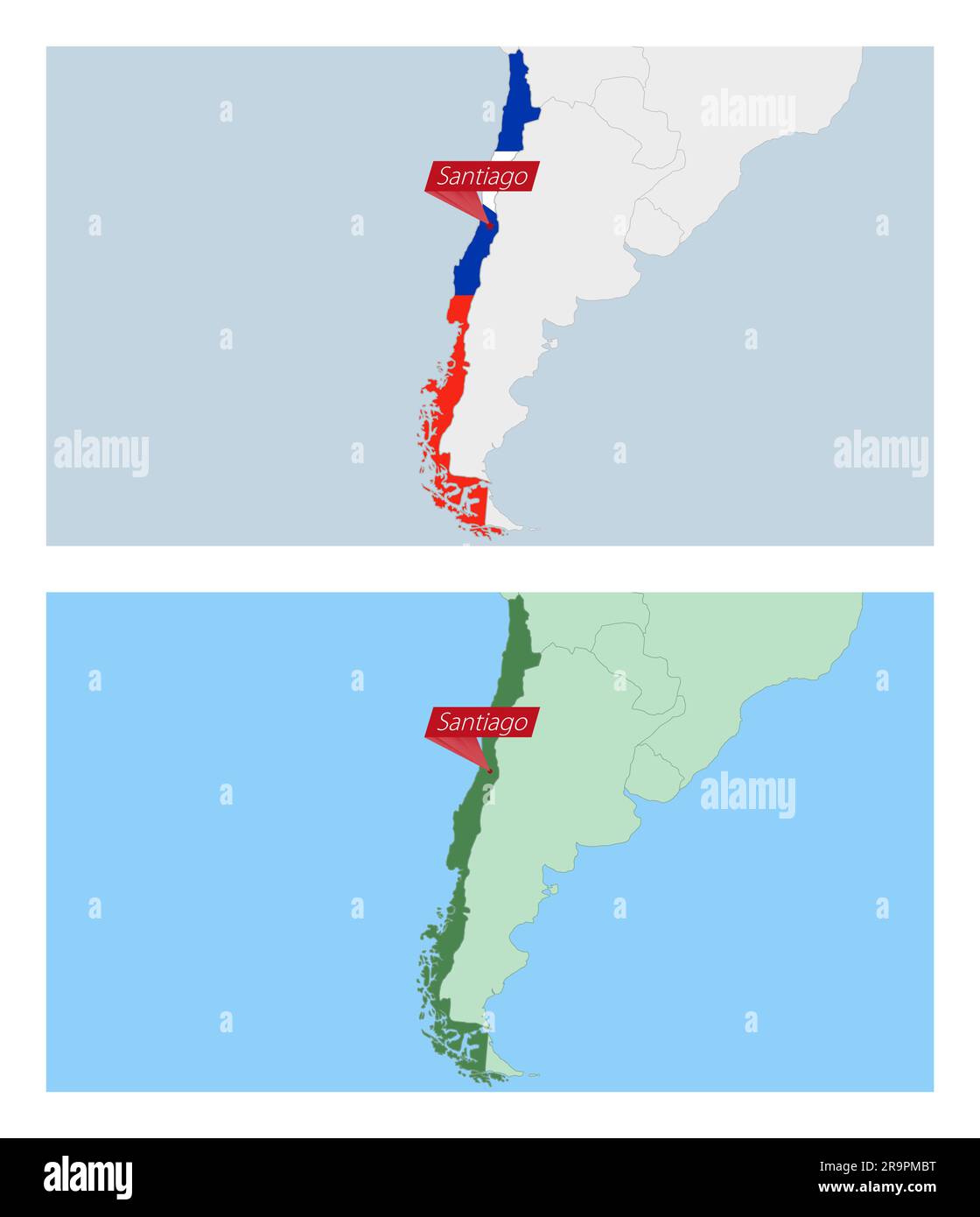Mappa del Cile con pin della capitale del paese. Due tipi di mappa del Cile con i paesi vicini. Modello vettoriale. Illustrazione Vettoriale