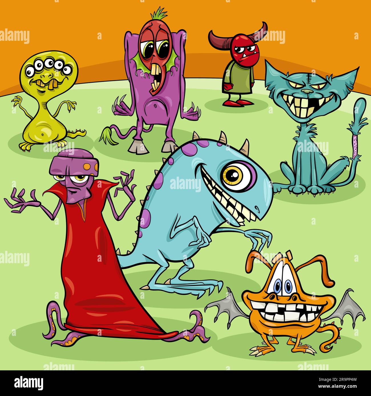 Illustrazione di fumetti del gruppo di personaggi fantasy dei mostri divertenti Illustrazione Vettoriale