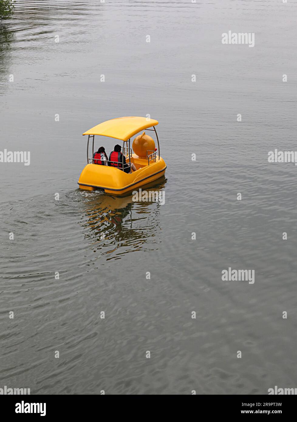 La gente si diverte a fare un giro su una barca a forma di anatra gialla su un fiume tranquillo Foto Stock