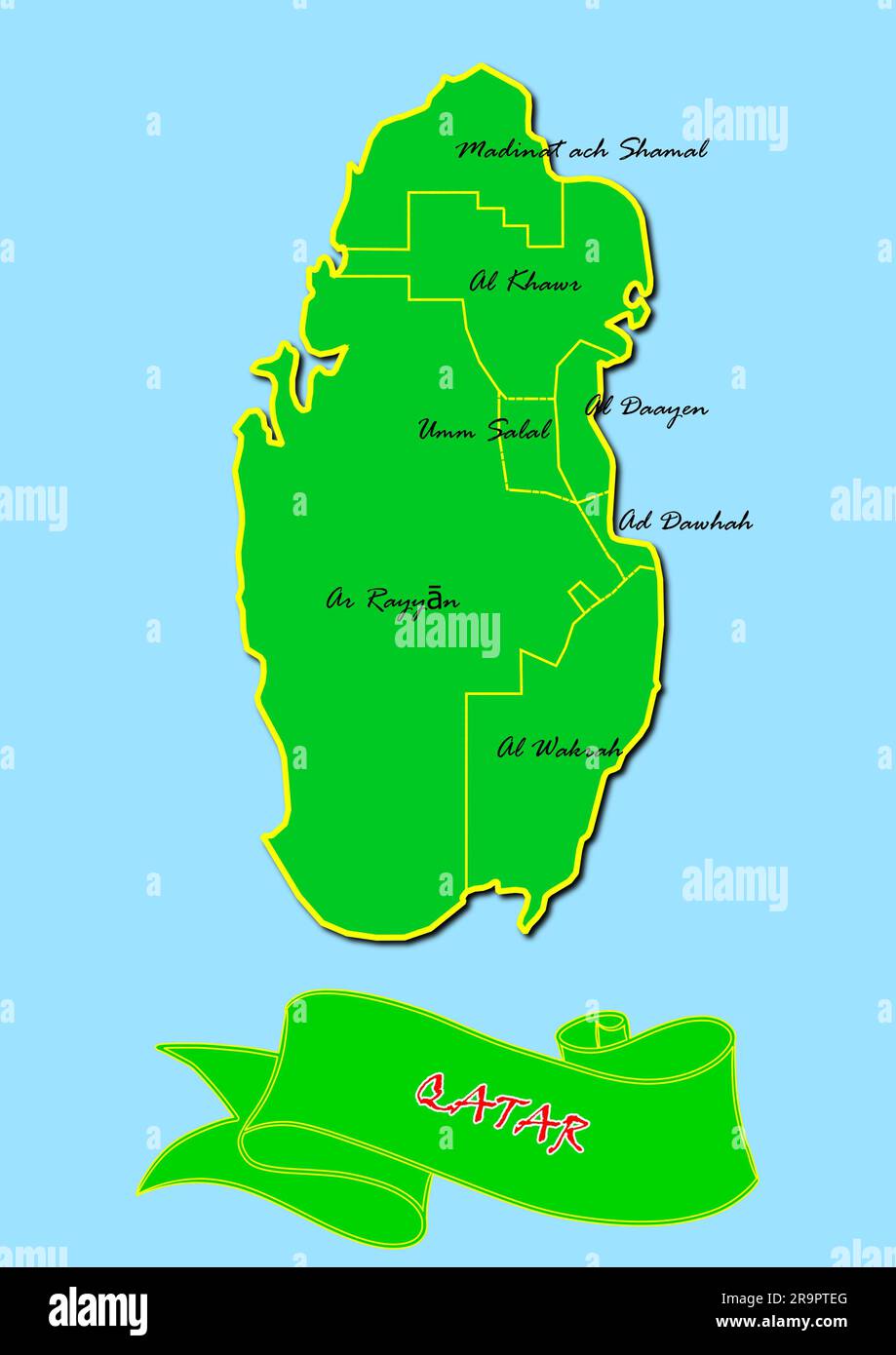 Mappa del Qatar con sottoregioni in verde nome paese in rosso Foto Stock