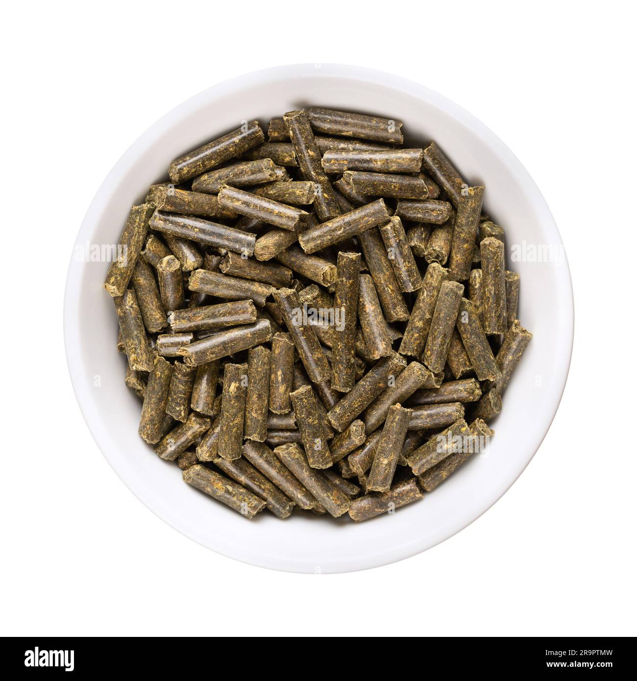 Pellet di fertilizzante organico vegano, in una ciotola bianca. Fertilizzante per trifoglio di prato prodotto naturalmente, da aggiungere al suolo o alle piante per fornire nutrienti. Foto Stock