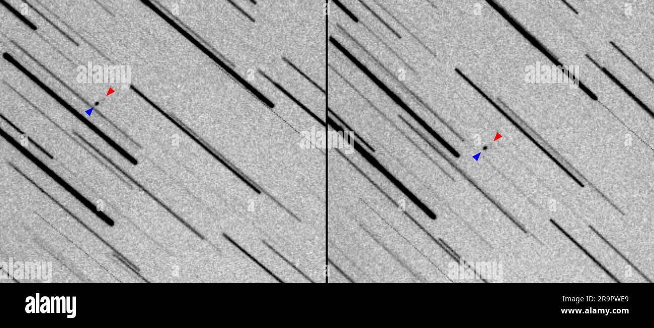 La torcia Lunar della NASA è stata avvistata dalla Terra mentre si dirigeva verso la Luna. Queste immagini mostrano due osservazioni della Lunar Flashlight della NASA e della missione 1 privata ispace HAKUTO-R, mentre le due navicelle spaziali, viste come un paio di puntini, viaggiano verso la Luna. Nella Figura A, le immagini sono state unite in sequenza per creare una GIF animata. Il più grande lander lunare HAKUTO-R appare come un grande punto nero, mentre il più piccolo Lunar Flashlight, che ha circa le dimensioni di una valigetta, appare come un raggruppamento confuso di pixel grigi. Le stelle appaiono come lunghe tracce. Entrambe le missioni sono state lanciate l'11 dicembre 2022 a bordo di un Falcon 9 SpaceX Foto Stock