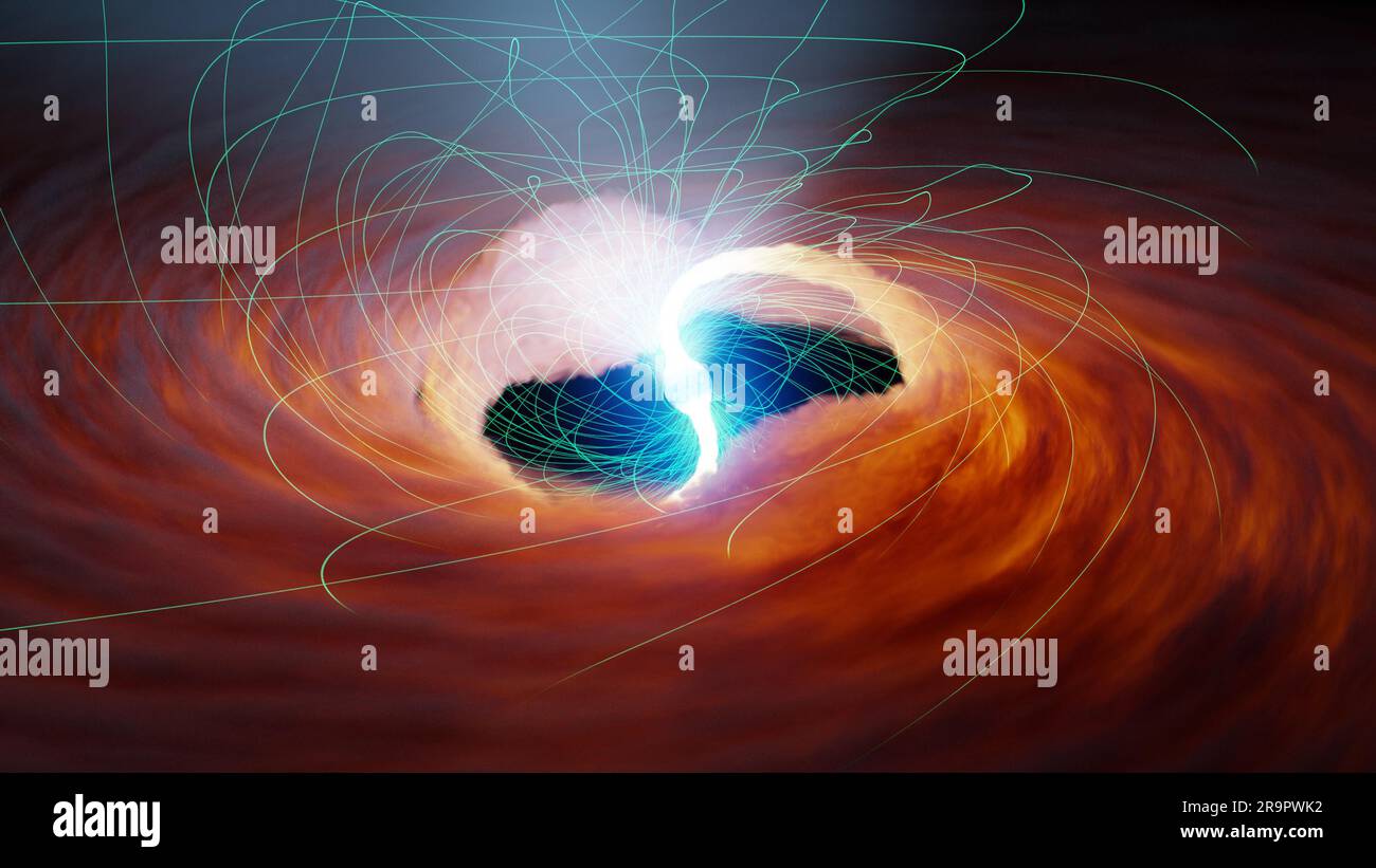 L'illustrazione mostra due fiumi di gas caldo che cadono su una stella di neutroni e rilasciano radiazioni a raggi X. La stella di neutroni, con massa simile al Sole in un diametro di 10 miglia, ha una gravità di 100 trilioni di volte più forte di quella terrestre Le linee del campo magnetico ritorto sono raffigurate in verde, osservate negli ULX con telescopi come NuSTAR della NASA. Foto Stock