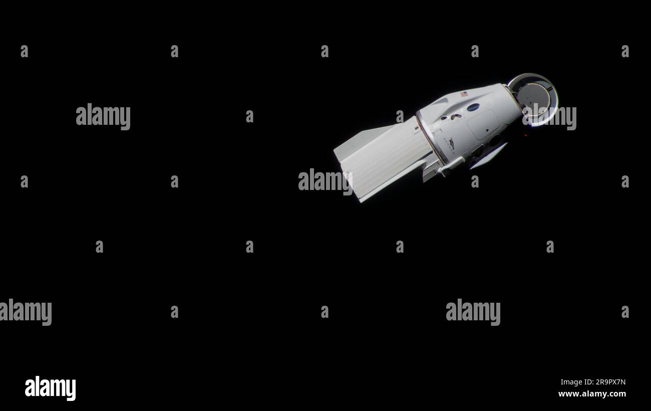 . Iss069e015031 (30 maggio 2023) - la navicella spaziale Dragon Freedom di SpaceX è raffigurata con il suo musetto schierato dopo aver lasciato la stazione spaziale Internazionale pochi istanti prima. Dragon Freedom tornò sulla Terra più tardi quel giorno schiantandosi nel Golfo del Messico con quattro astronauti Axiom Mission-2 tra cui il comandante Peggy Whitson, il pilota John Shoffner e gli specialisti missione Ali Alqarni e Rayyanah Barnawi. Foto Stock