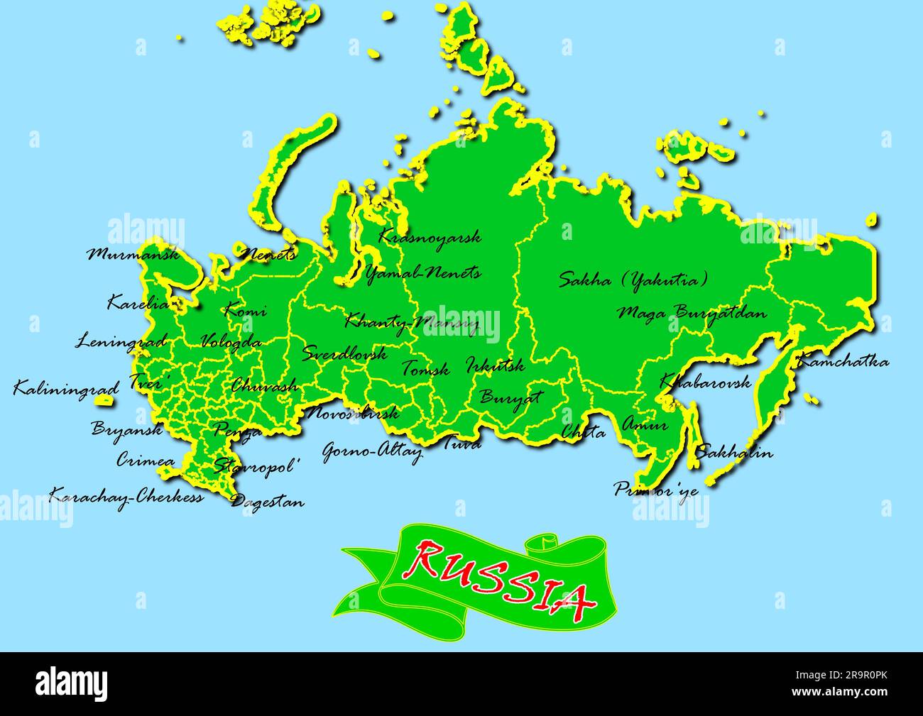 Mappa della Russia con sottoregioni in verde nome paese in rosso Foto Stock