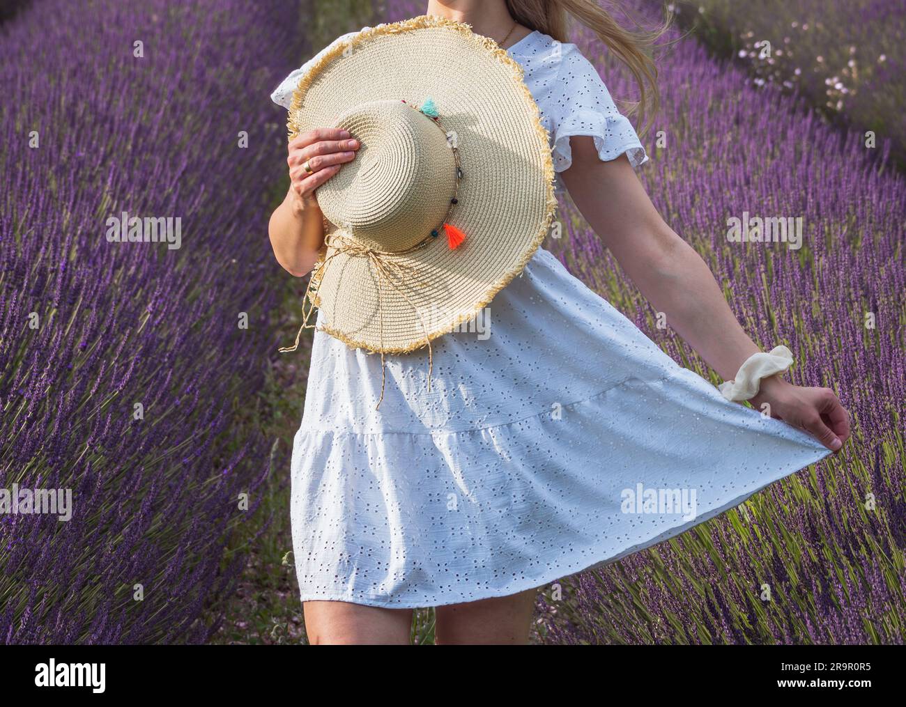 Giovane ragazza nei campi di lavanda. Francia - Provenza Foto Stock