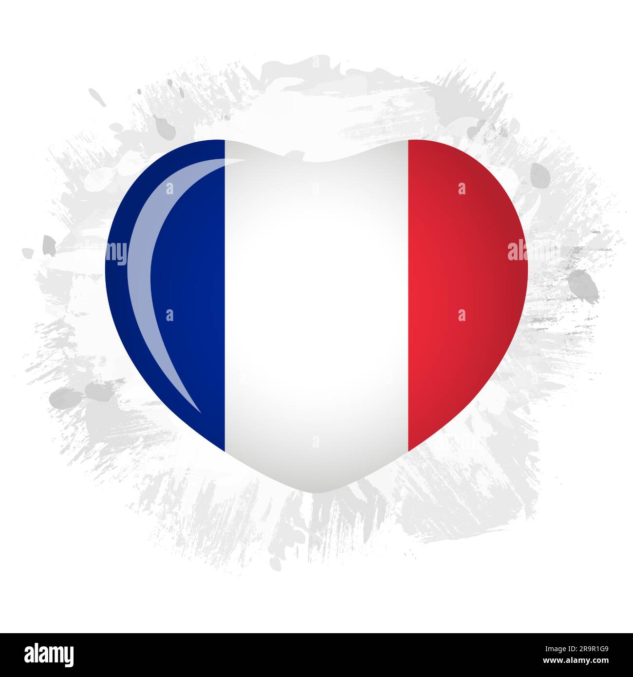 Cuore 3D con bandiera francese su tratti di pennello e macchie di inchiostro sfondo moderno. Benvenuti a Parigi, benvenuti nel concetto di logo business turistico francese. Illustrazione Vettoriale