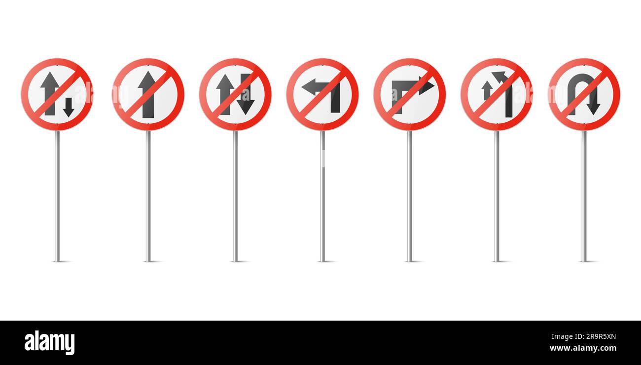 Vettore Rosso e Bianco rotonda divieto di traffico con icona freccia impostata isolato. Senso unico, senza marcia rettilinea, veicoli, virata, sorpasso, Inversione a U. Illustrazione Vettoriale