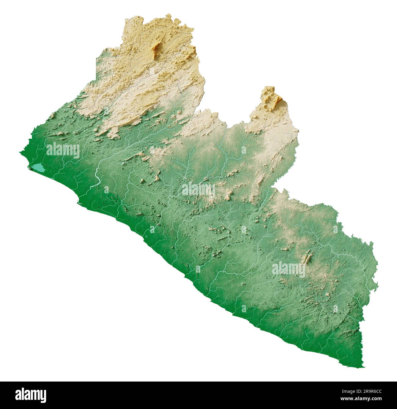 Liberia. Rendering 3D estremamente dettagliato della mappa di rilievo ombreggiato con fiumi e laghi. Colorato in base all'elevazione. Sfondo bianco puro. Dati satellitari. Foto Stock
