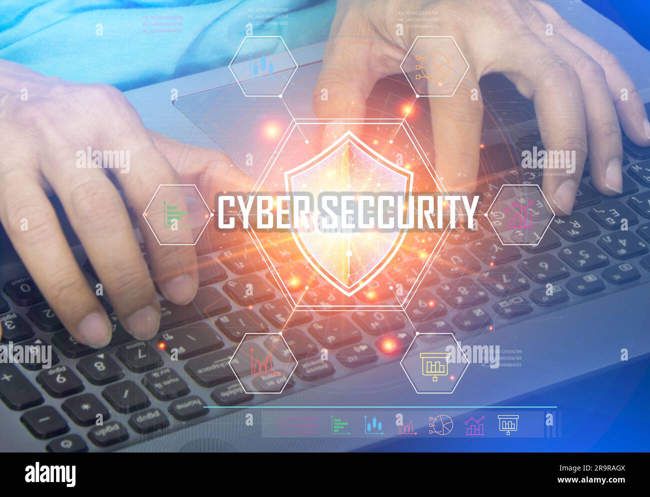 sicurezza informatica è un sistema sviluppato per fungere da sicurezza per l'accesso a dati, reti, dispositivi, programmi e attacchi che causeranno danni o attacchi Foto Stock