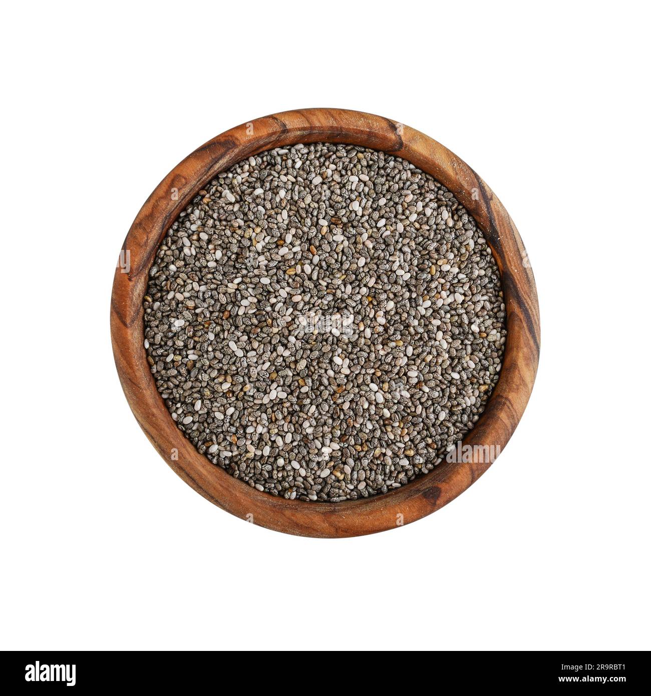 Semi di chia in una ciotola di legno isolata su sfondo bianco. Vista dall'alto Foto Stock