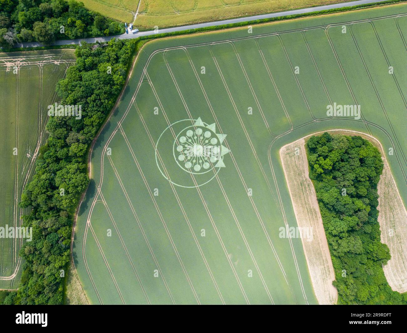 Un cerchio prodotto, una formazione di prodotto o un cerchio di mais è un modello creato appiattendo un prodotto. Owslebury, Hampshire. Foto Stock