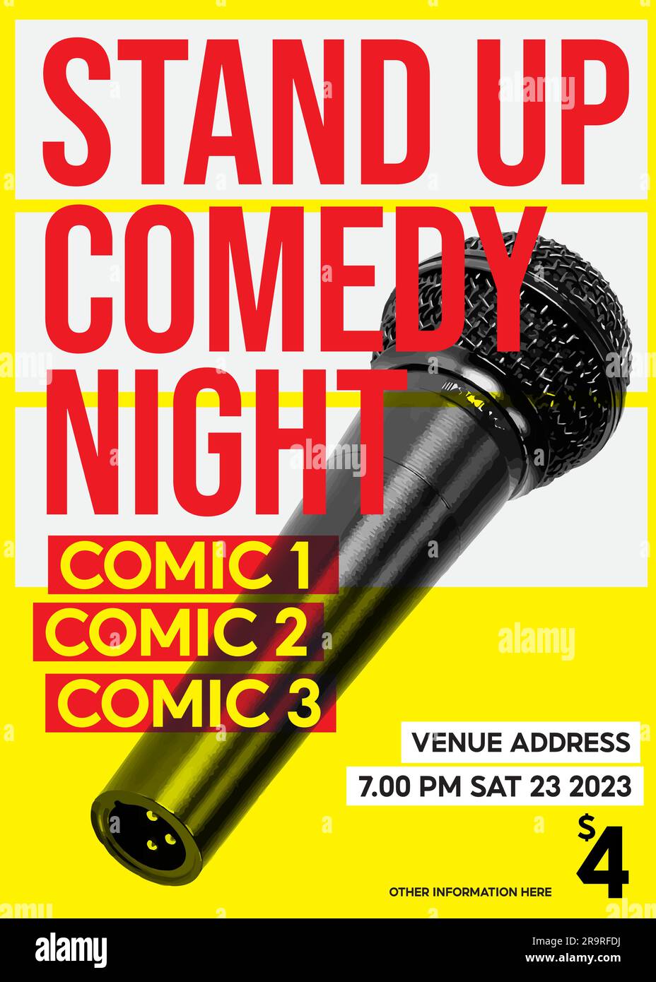 Poster stand up Comedy, post notturno o banner per eventi, microfono aperto per brochure di cabaret o opuscolo a5 a4 a3 a2 Standup comedy show Illustrazione Vettoriale