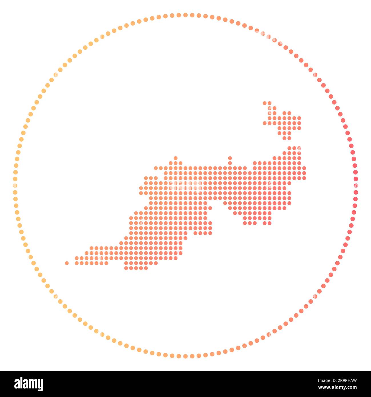 Badge digitale dell'isola di Guana. Mappa in stile punteggiato dell'isola di Guana in cerchio. Icona tecnica con punti sfumati. Bella illustrazione vettoriale. Illustrazione Vettoriale