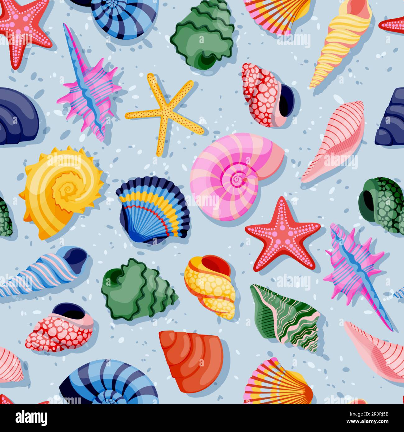 Conchiglie su sfondo blu. Colorato motivo perfetto per i viaggi estivi. Illustrazione di cartoni animati vettoriali con conchiglie marine. Tessuti tropicali alla moda Illustrazione Vettoriale