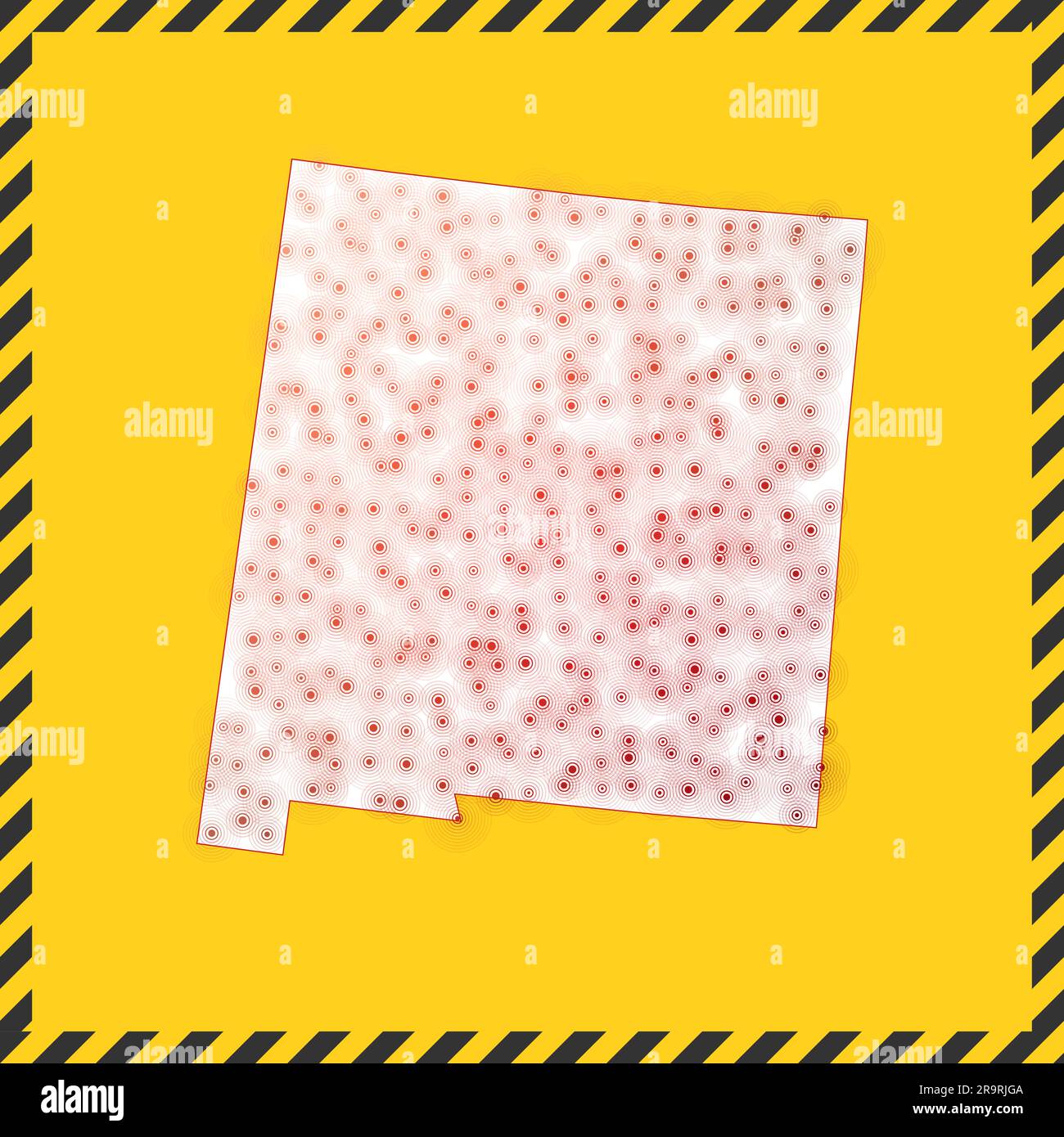 Nuovo Messico chiuso - segnale di pericolo del virus. Icona di blocco dello stato USA. Bordo a strisce nere intorno alla mappa con il concetto di diffusione del virus. Illustrazione vettoriale. Illustrazione Vettoriale