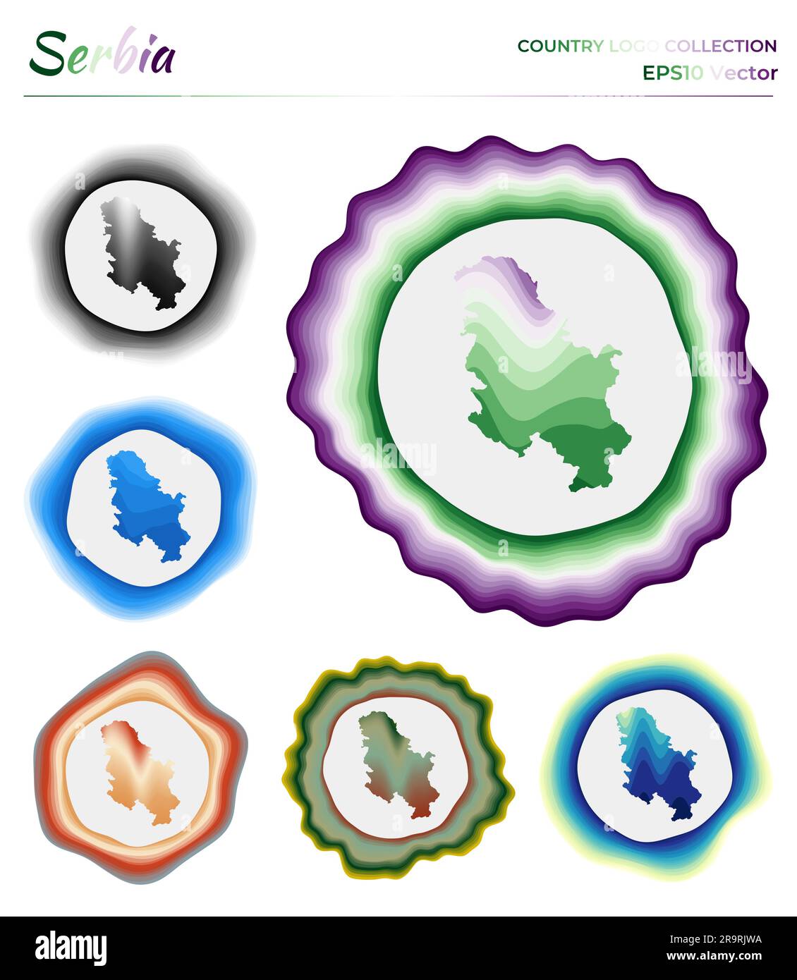 Collezione di logo Serbia. Distintivo colorato del paese. Strati intorno al confine con la Serbia. Illustrazione vettoriale. Illustrazione Vettoriale