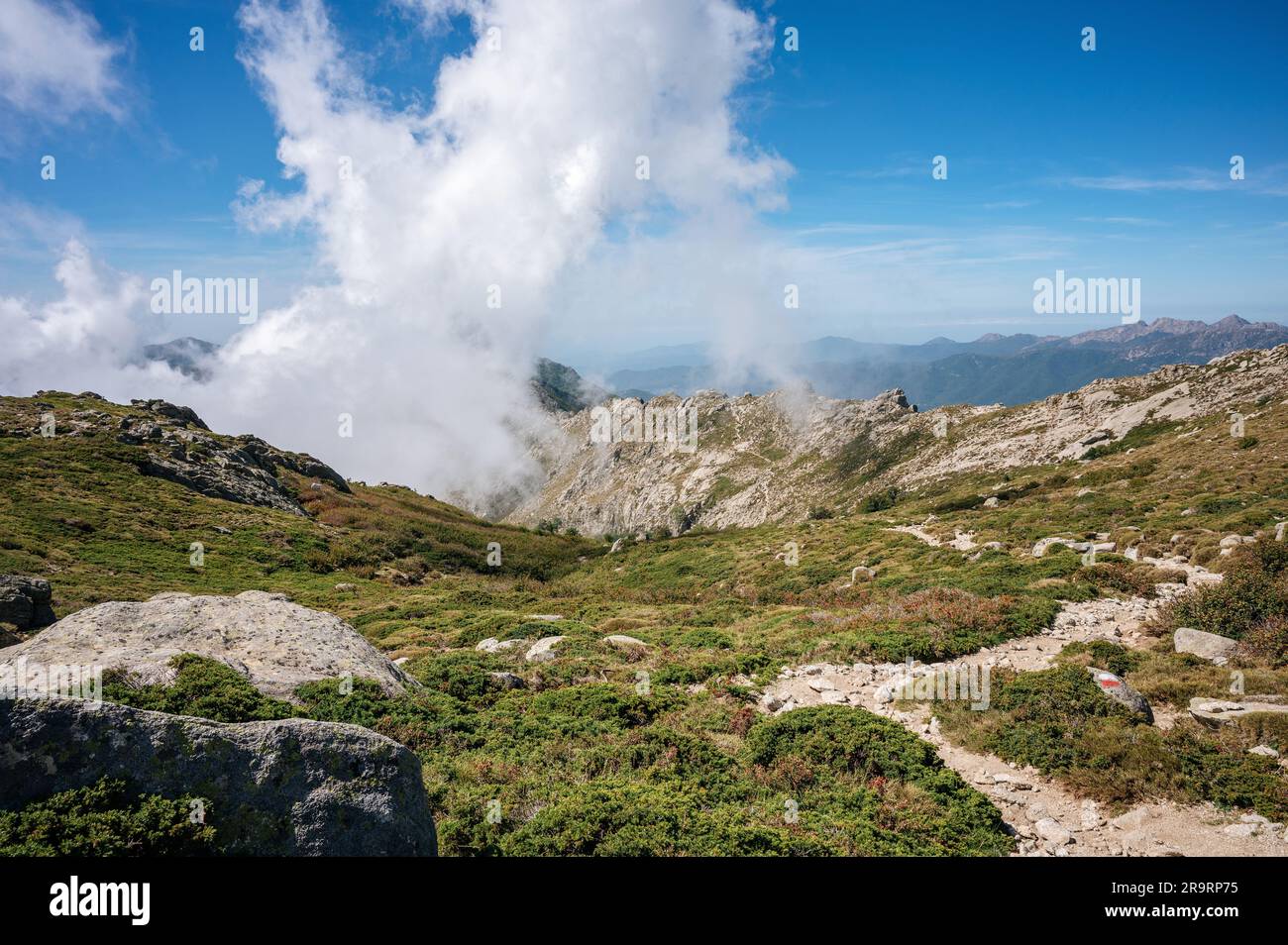 Discesa finale nei pressi del rifugio Usciolu, GR20, Corsica, Francia Foto Stock