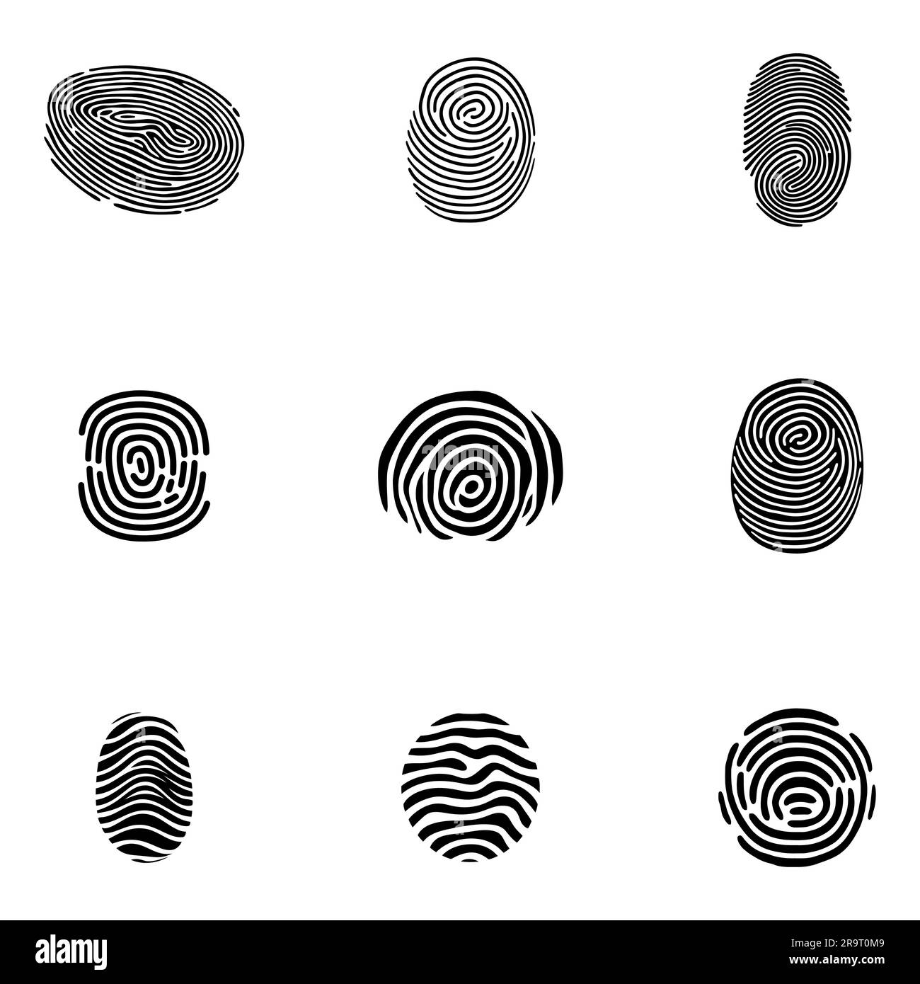 Set di impronte digitali, illustrazione vettoriale isolata su sfondo bianco. Illustrazione Vettoriale