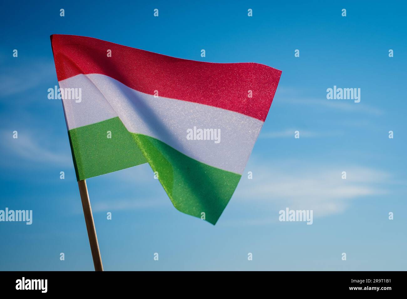 Bandiera dell'Ungheria su sfondo blu. Foto Stock