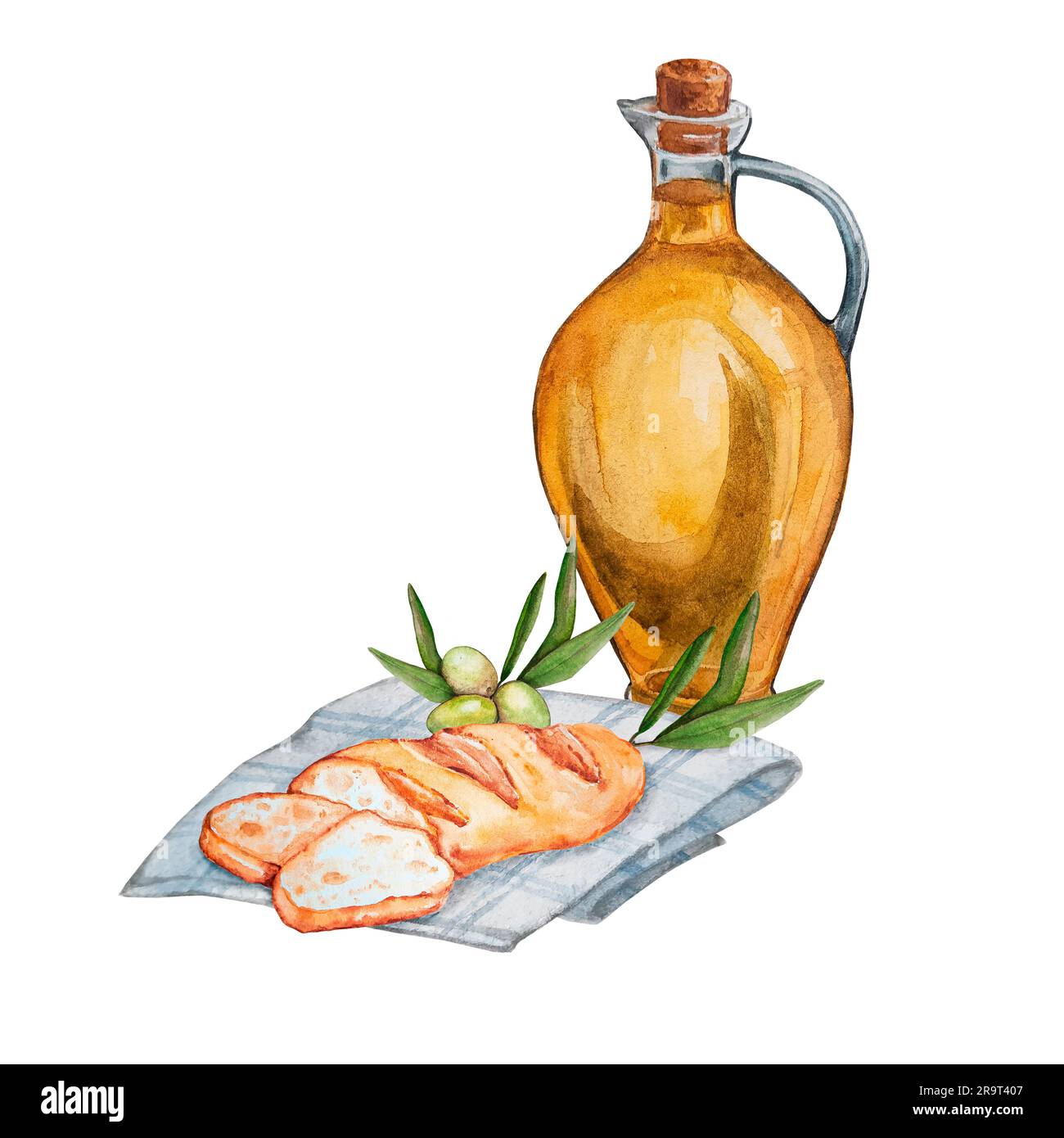 Olio d'oliva in bottiglia e baguette francese su un asciugamano. Illustrazione degli alimenti ad acquerello per la stampa su etichette, cartoline, cartoline, tessuti e altro ancora. Foto Stock