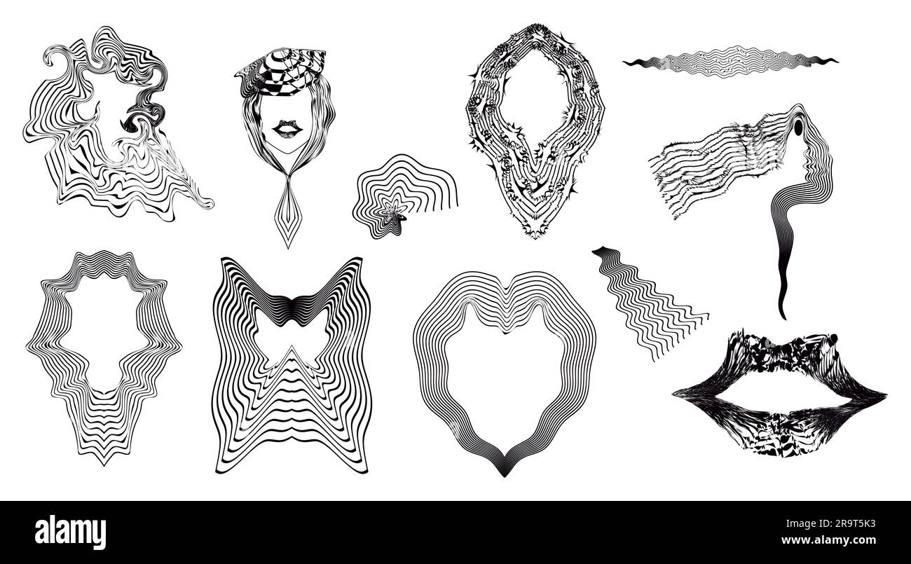 Illustrazioni nere psichedeliche Arte ottica astratta. Ondata di molte linee. Elementi di design a illusione ottica illustrazioni vettoriali isolate su bianco Illustrazione Vettoriale