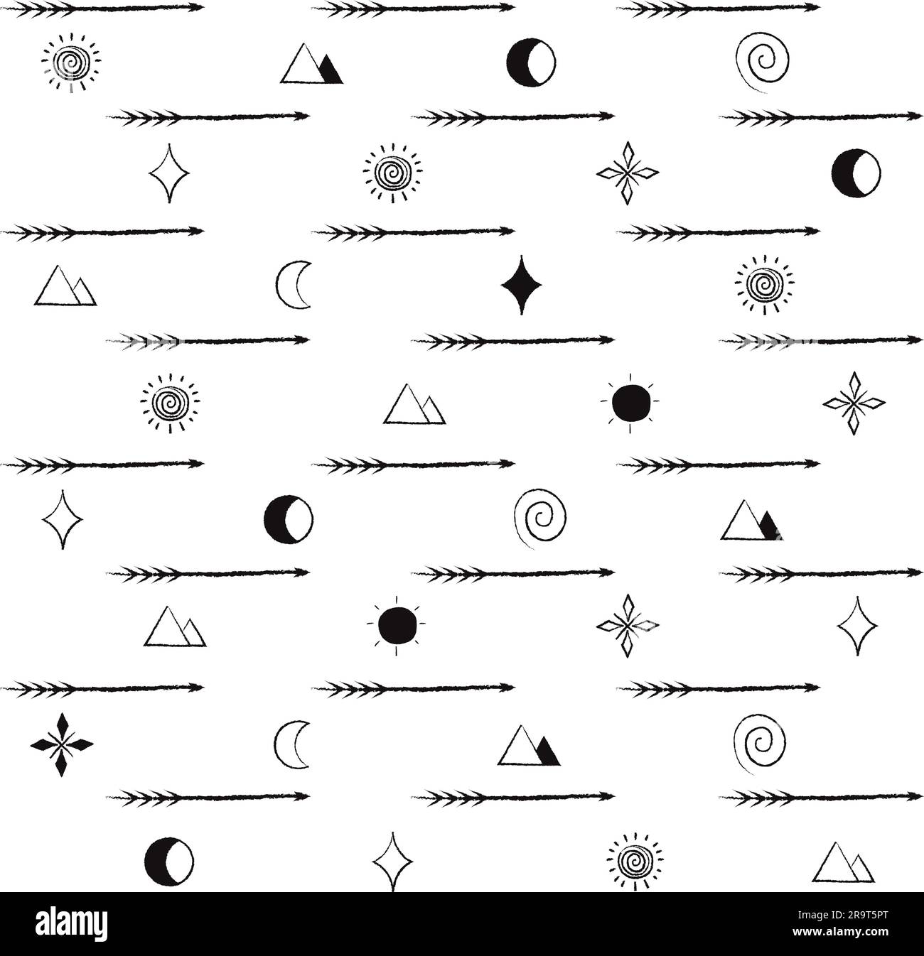 Modello Aztec frecce a doodle motivo senza cuciture Spear, Sun, Moon, Star, Pyramid sfondo decorativo linea sottile illustrazione vettoriale isolata Illustrazione Vettoriale