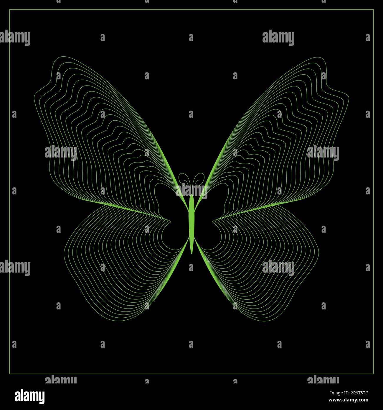 Farfalla al neon astratta costituita da linee a reticolo. Struttura luminosa. Elemento di design retro-futuristico. Illustrazione vettoriale psichedelica Illustrazione Vettoriale