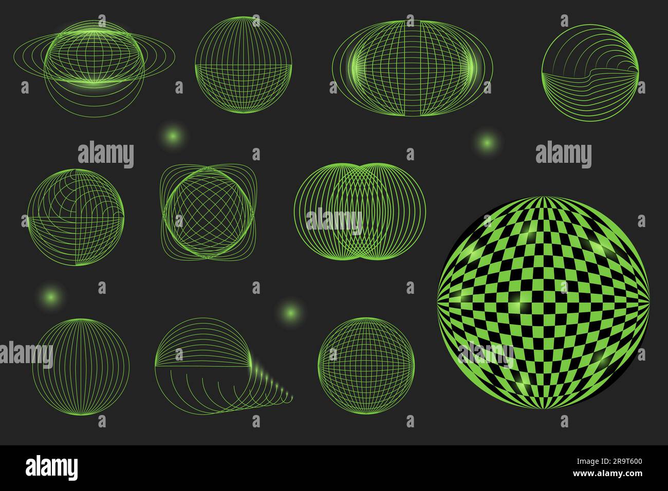 Silhouette astratta a forma di sfera al neon composta da una collezione di linee a reticolo. Struttura luminosa. Set di elementi di design futuristici a sfera retrò. Psiche Illustrazione Vettoriale