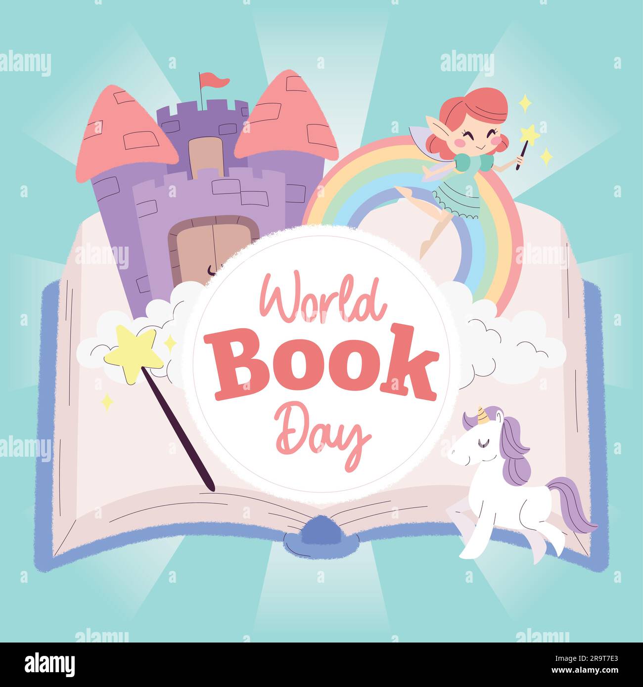 Libro aperto isolato con icone fantasy World Book Day Vector Illustrazione Vettoriale
