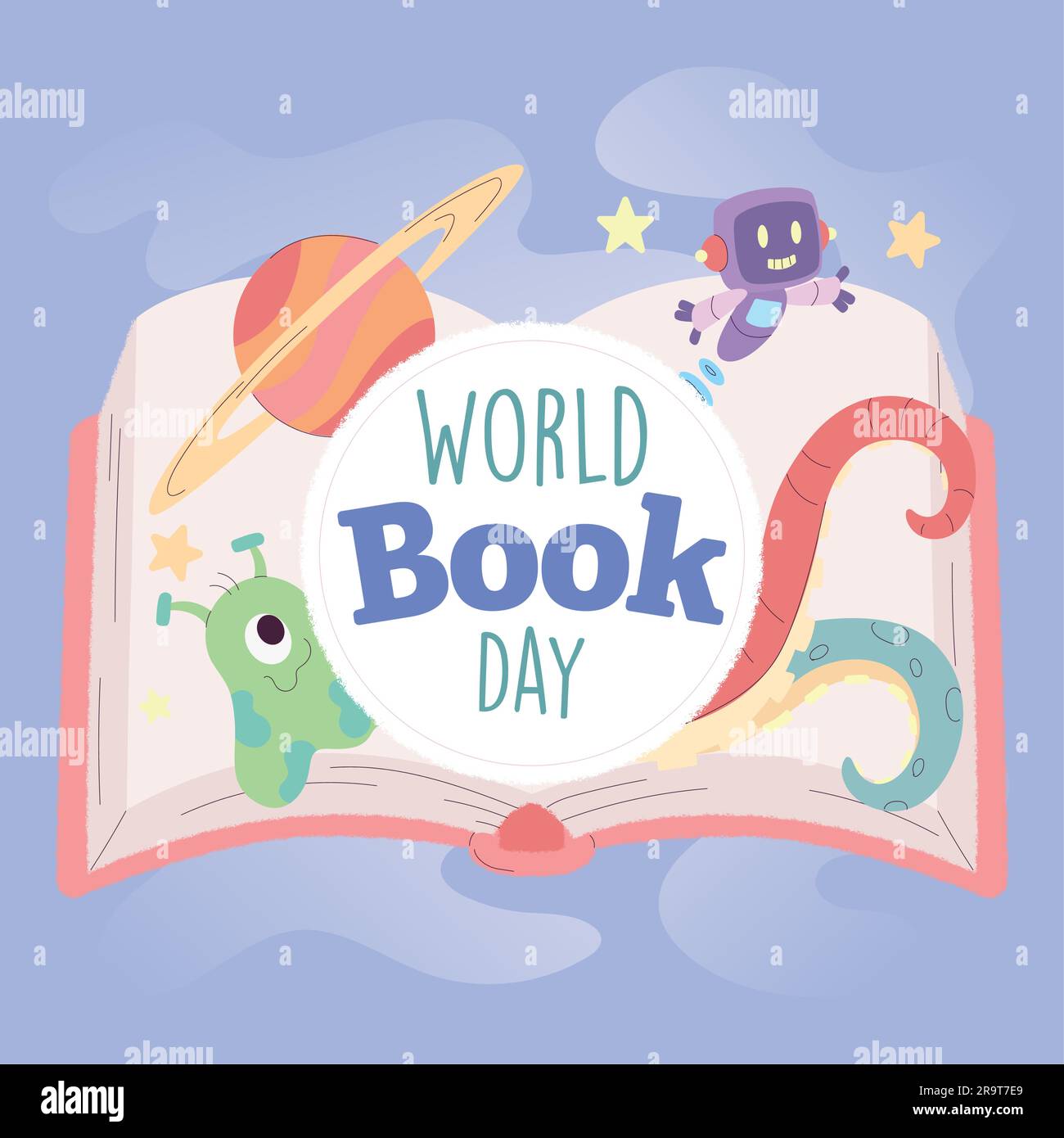 Libro aperto isolato con icone scifiche World Book Day Vector Illustrazione Vettoriale