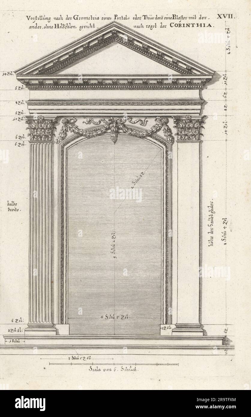 Portale o porta, con un pilastro senza insenatura, in ordine corinzio. Corinthia. Incisione su lastra di rame di Johann Franck da l'Academia Todesca, della Architectura, Scultura & Pittura di Joachim von Sandrart, oder Teutsche Academie, der Edlen Bau- Bild- und Mahlerey-Kunste, Accademia tedesca di architettura, scultura e pittura, Jacob von Sandrart, Norimberga, 1675. Foto Stock