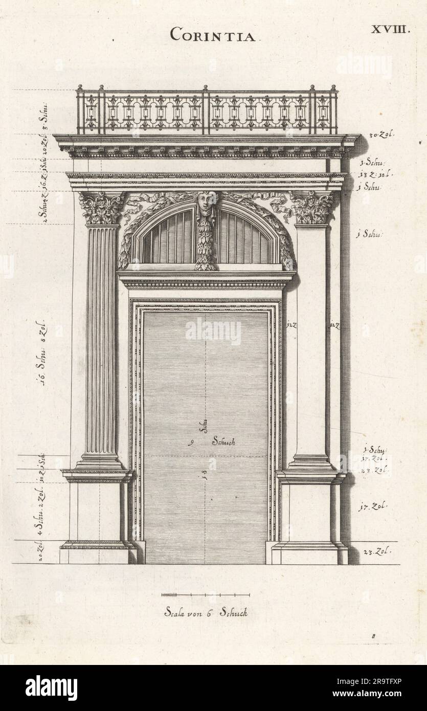 Portale con pilastro nell'ordine corinzio. Corintia. Copiato dalle Représentations géométrales di Abraham Bosse. Incisione su lastra di rame di Johann Franck da l'Academia Todesca, della Architectura, Scultura & Pittura di Joachim von Sandrart, oder Teutsche Academie, der Edlen Bau- Bild- und Mahlerey-Kunste, Accademia tedesca di architettura, scultura e pittura, Jacob von Sandrart, Norimberga, 1675. Foto Stock