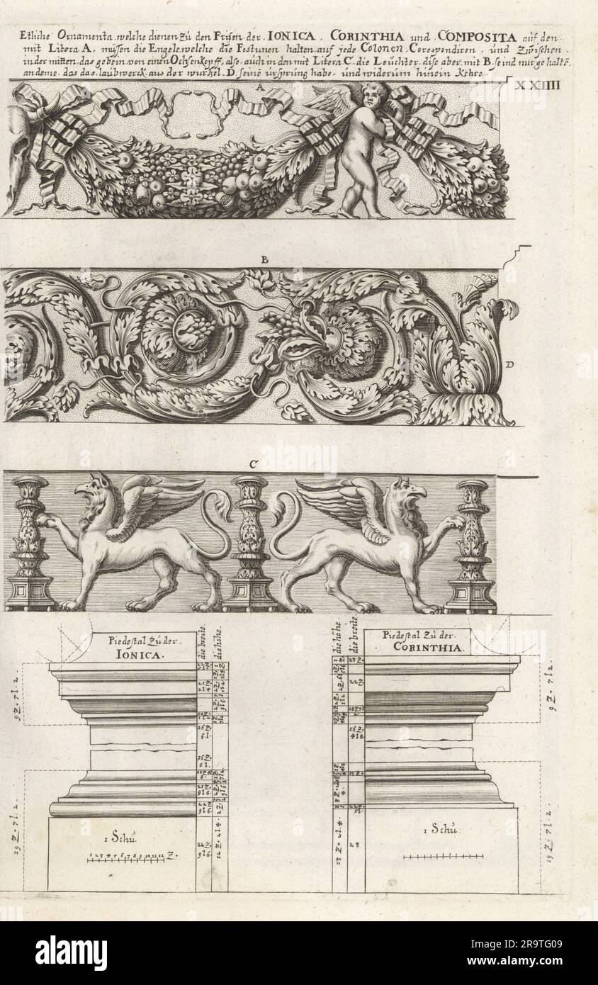 Fregio ornamenti di ordine ionico con cupidi e festoni, corinzio con fogliame e composito con griffini, piedistalli ionici e corinzi. Ionica, Corinthia und Composita. Incisione su lastra di rame di Johann Franck da l'Academia Todesca, della Architectura, Scultura & Pittura di Joachim von Sandrart, oder Teutsche Academie, der Edlen Bau- Bild- und Mahlerey-Kunste, Accademia tedesca di architettura, scultura e pittura, Jacob von Sandrart, Norimberga, 1675. Foto Stock