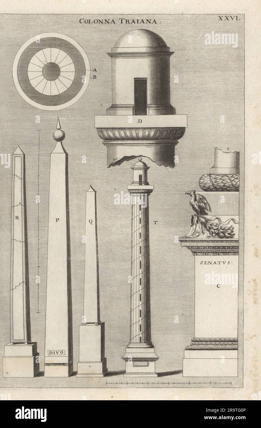 Colonna di Traiano A,B,C,D,T, obelisco Lateranense R, obelisco Montecitorio P e obelisco Vaticano Q. Roma, Italia. Copiato da xilografie dell'architetto Sebastiano Serlio. Incisione su lastra di rame di Johann Franck da l'Academia Todesca, della Architectura, Scultura & Pittura di Joachim von Sandrart, oder Teutsche Academie, der Edlen Bau- Bild- und Mahlerey-Kunste, Accademia tedesca di architettura, scultura e pittura, Jacob von Sandrart, Norimberga, 1675. Foto Stock