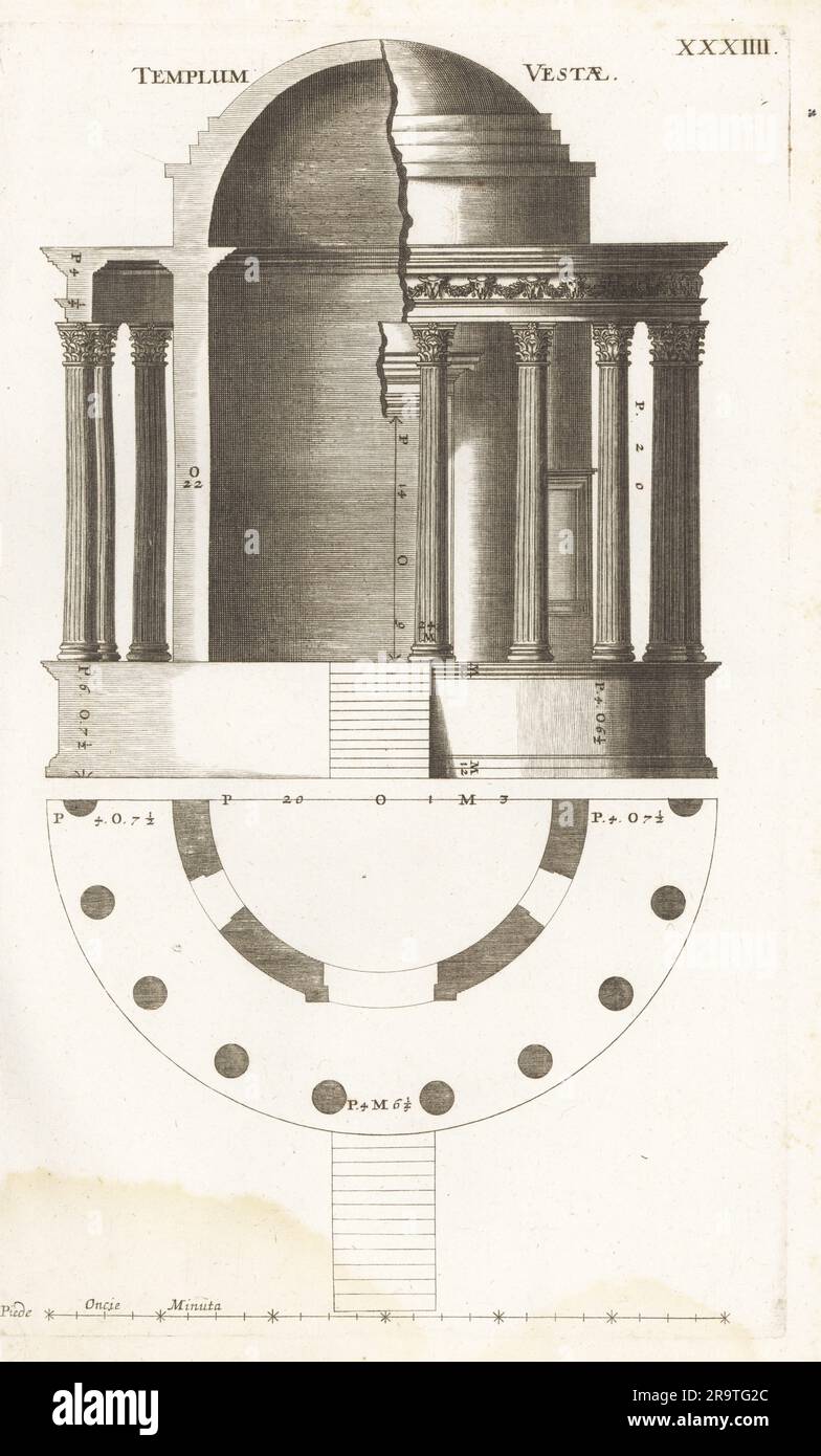 Elevazione, sezione e pianta del Tempio di Vesta o Edes di Vesta, Roma, Italia. Templum Vestae. Copiato dai quattro libri di architettura di Andrea Palladio. Incisione su lastra di rame di Johann Franck da l'Academia Todesca, della Architectura, Scultura & Pittura di Joachim von Sandrart, oder Teutsche Academie, der Edlen Bau- Bild- und Mahlerey-Kunste, Accademia tedesca di architettura, scultura e pittura, Jacob von Sandrart, Norimberga, 1675. Foto Stock