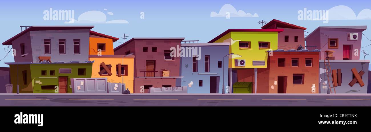 Quartiere povero di ghetto City Street con slum House building vettoriale sullo sfondo. Quartiere del villaggio di Cartoon india con favela e l'esterno di abitazioni abbandonate rotte. Paesaggio urbano fatiscente con spazzatura Illustrazione Vettoriale