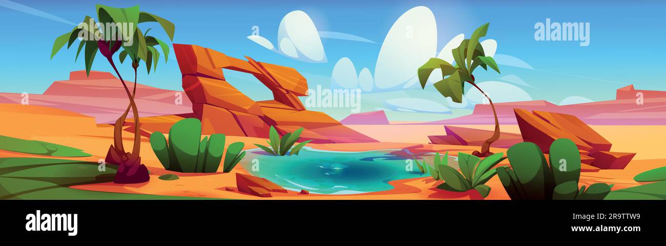 Oasi di lago d'acqua nel deserto di dubai con sfondo cartoni animati di palme. Panorama della siccità araba con stagno e piante in paesaggio vettoriale estivo. Ambiente naturale tropicale selvaggio per il miraggio della selvaggina Illustrazione Vettoriale