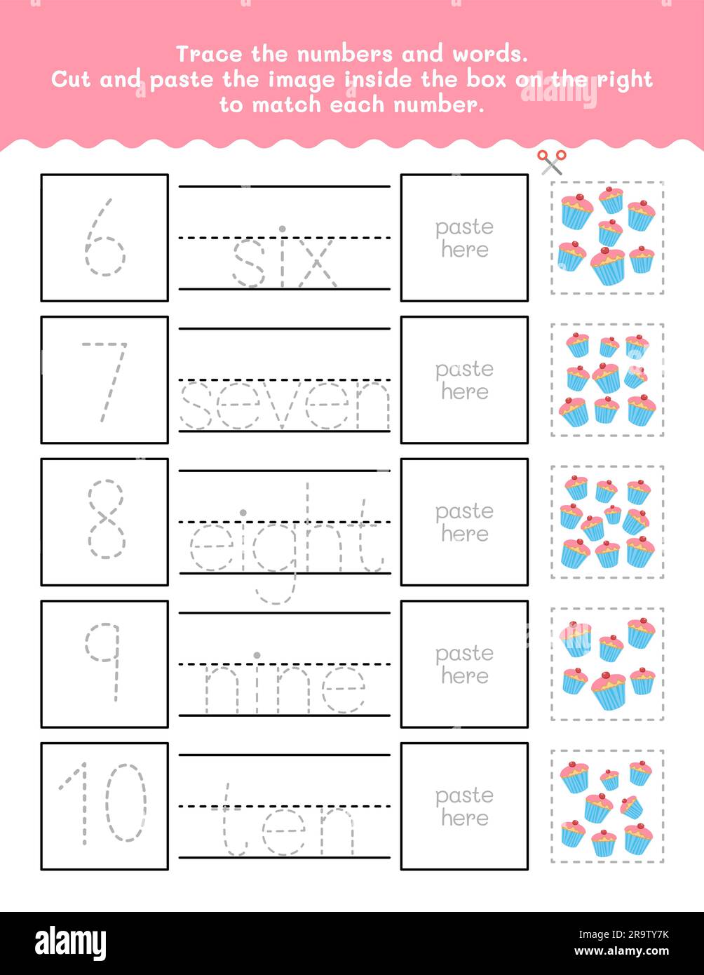 Foglio di lavoro per il tracciamento di numeri e parole da sei a dieci. Tagliare e incollare il foglio di lavoro con le immagini. Elemento vettoriale Premium. Illustrazione Vettoriale
