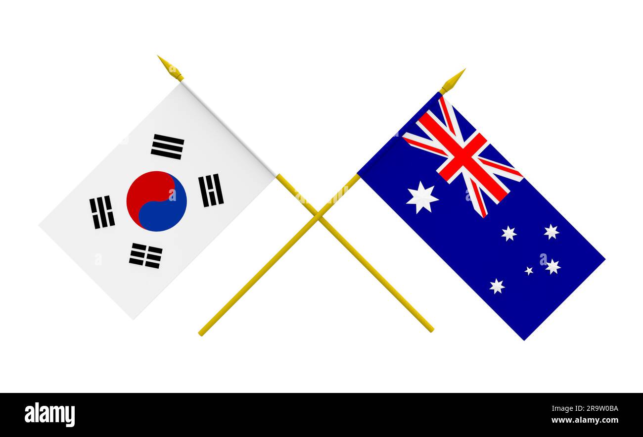 Bandiere di Australia e Repubblica di Corea, rendering 3d, isolato Foto Stock