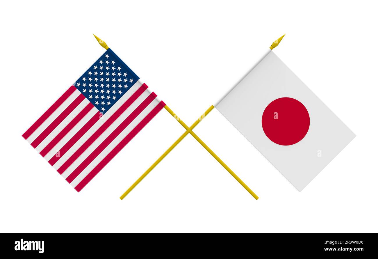 Bandiere di Giappone e Stati Uniti, rendering 3d, isolato Foto Stock