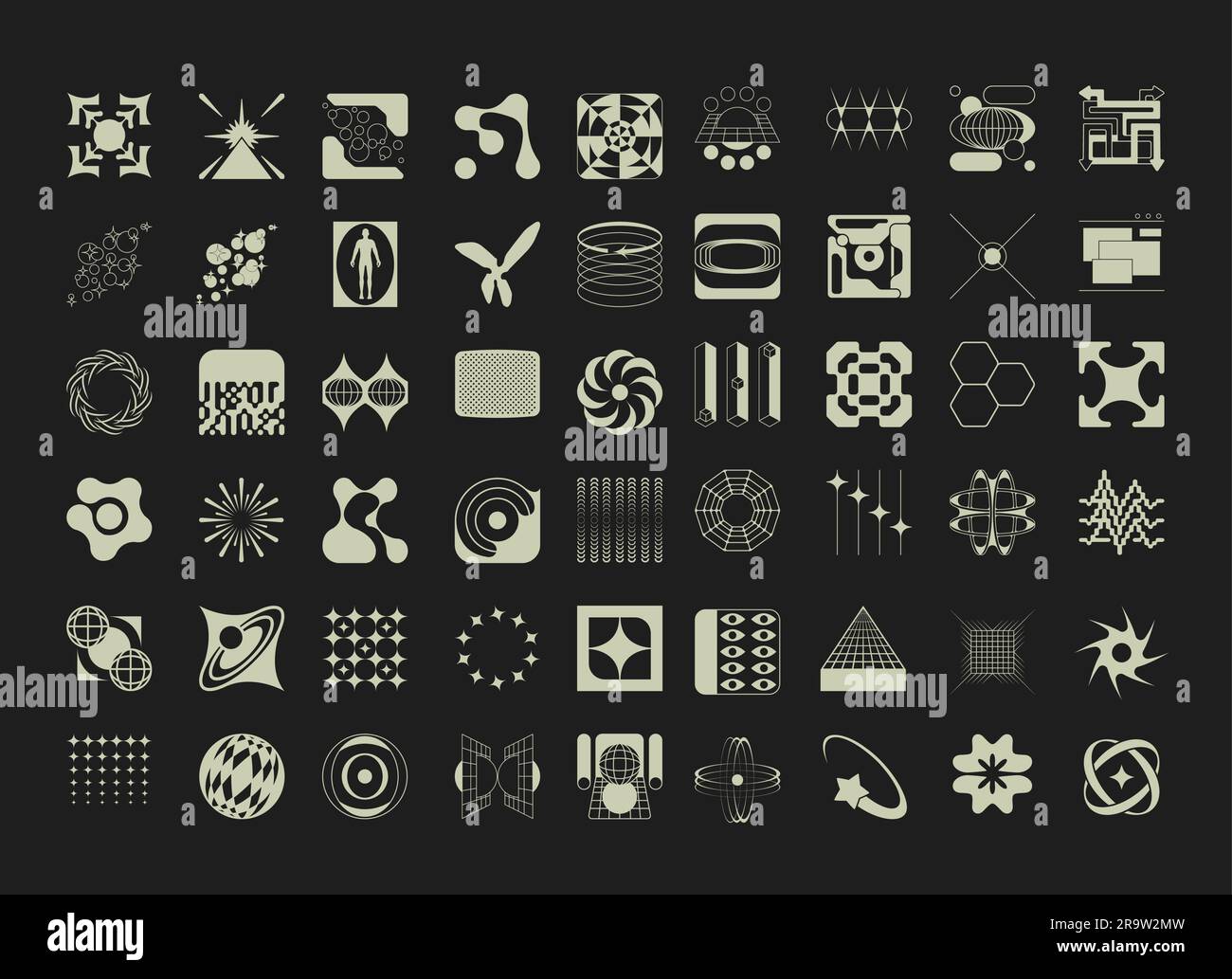 Spazio tecnologico Y2K e set di icone vettoriali retro-futuristiche del design grafico scalabili Illustrazione Vettoriale