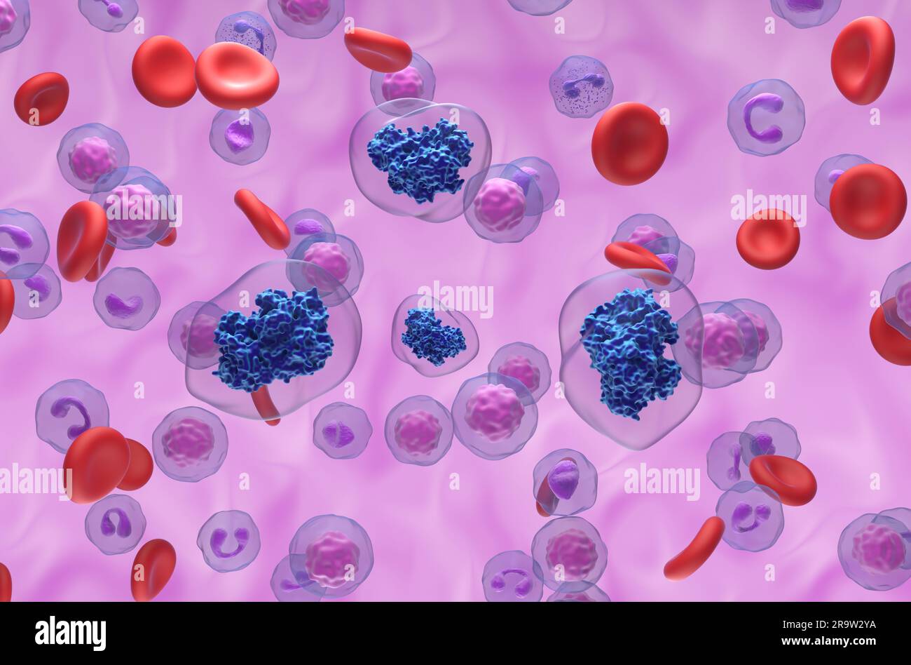 Aspirina molecole di acido acetilsalicilico (ASA) nel flusso sanguigno - visualizzazione isometrica illustrazione 3d. Foto Stock