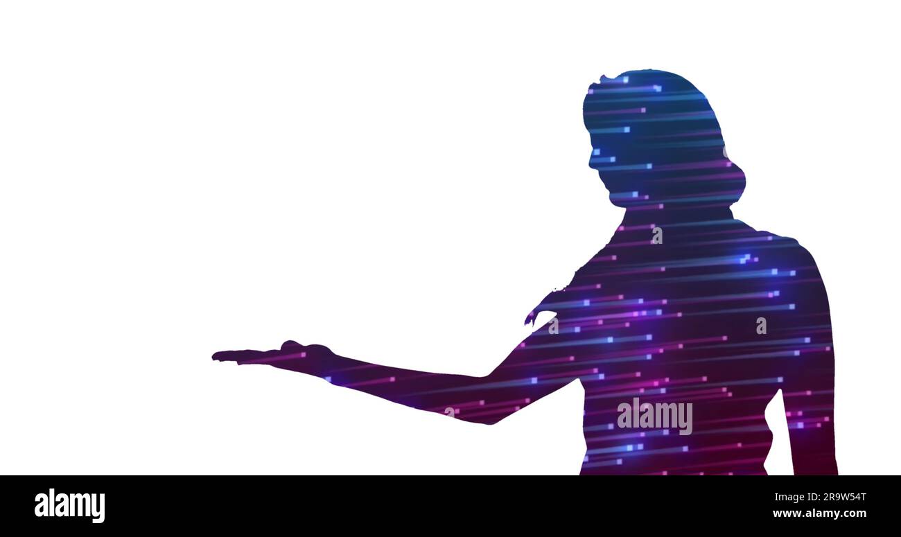 Silhouette di donna con la mano allungata e piena di luci blu accese su sfondo bianco Foto Stock