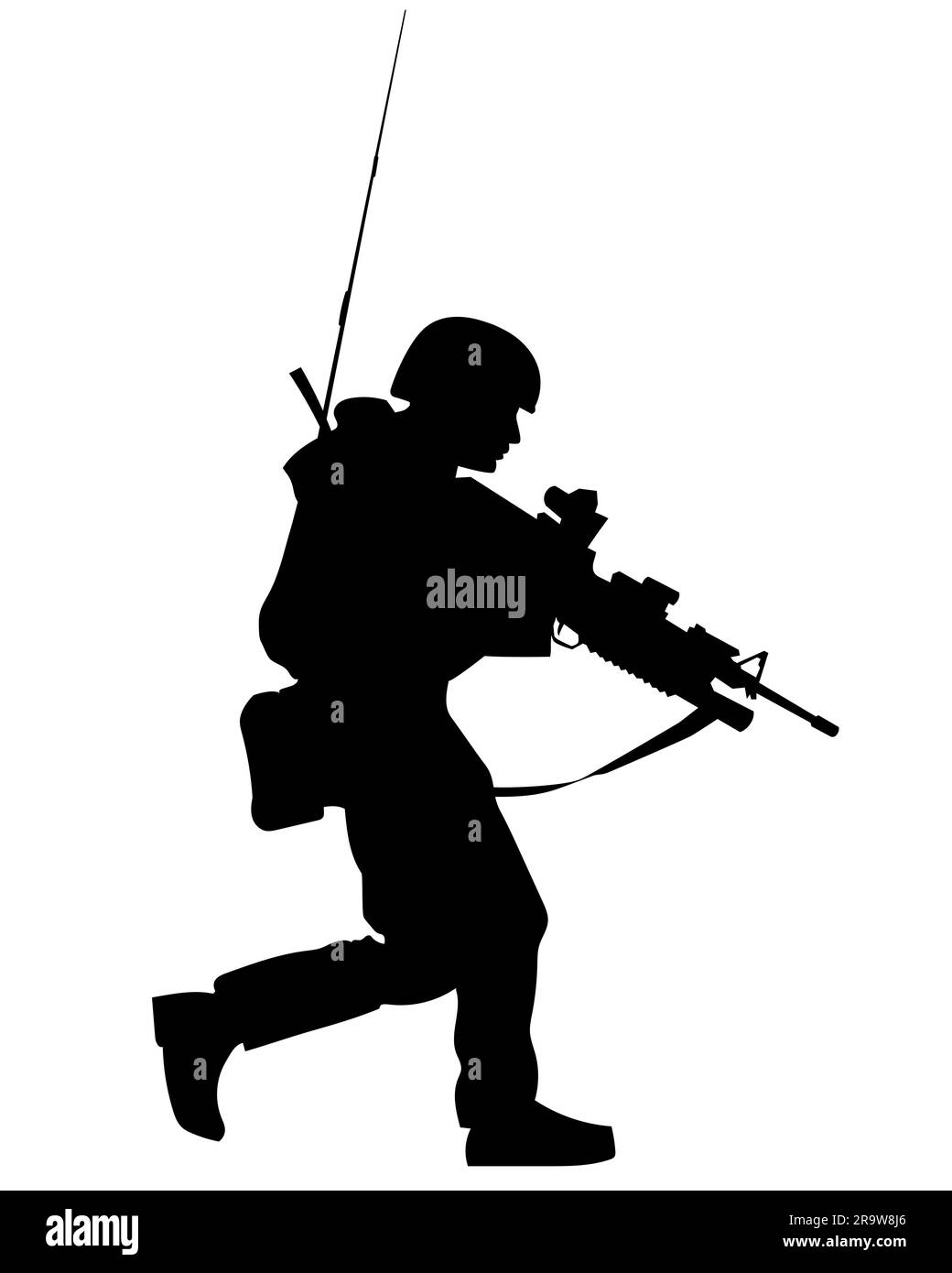 silhouette vettoriale di un soldato in armatura con mitragliatrice Illustrazione Vettoriale