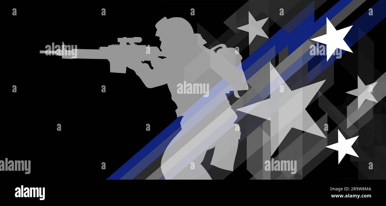Immagine della silhouette di un soldato sullo sfondo di una bandiera americana stilizzata con una sottile linea blu, un segno per onorare e rispettare la polizia americana Illustrazione Vettoriale