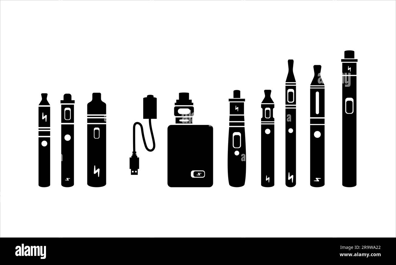 Sigarette Vape strumenti per fumatori set di illustrazioni vettoriali. Sigarette elettroniche Vape Tools, design a forma piatta isolato su sfondo bianco. Illustrazione Vettoriale